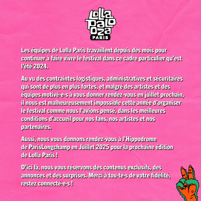 Le festival Lollapalooza Paris annonce l’annulation de son édition 2024