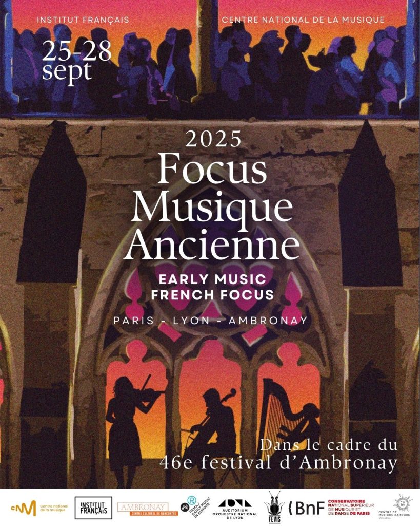 Focus Musique Ancienne , dessin du cloitre avec des ombres jouant du violon, de la contre basse et de la harpe
