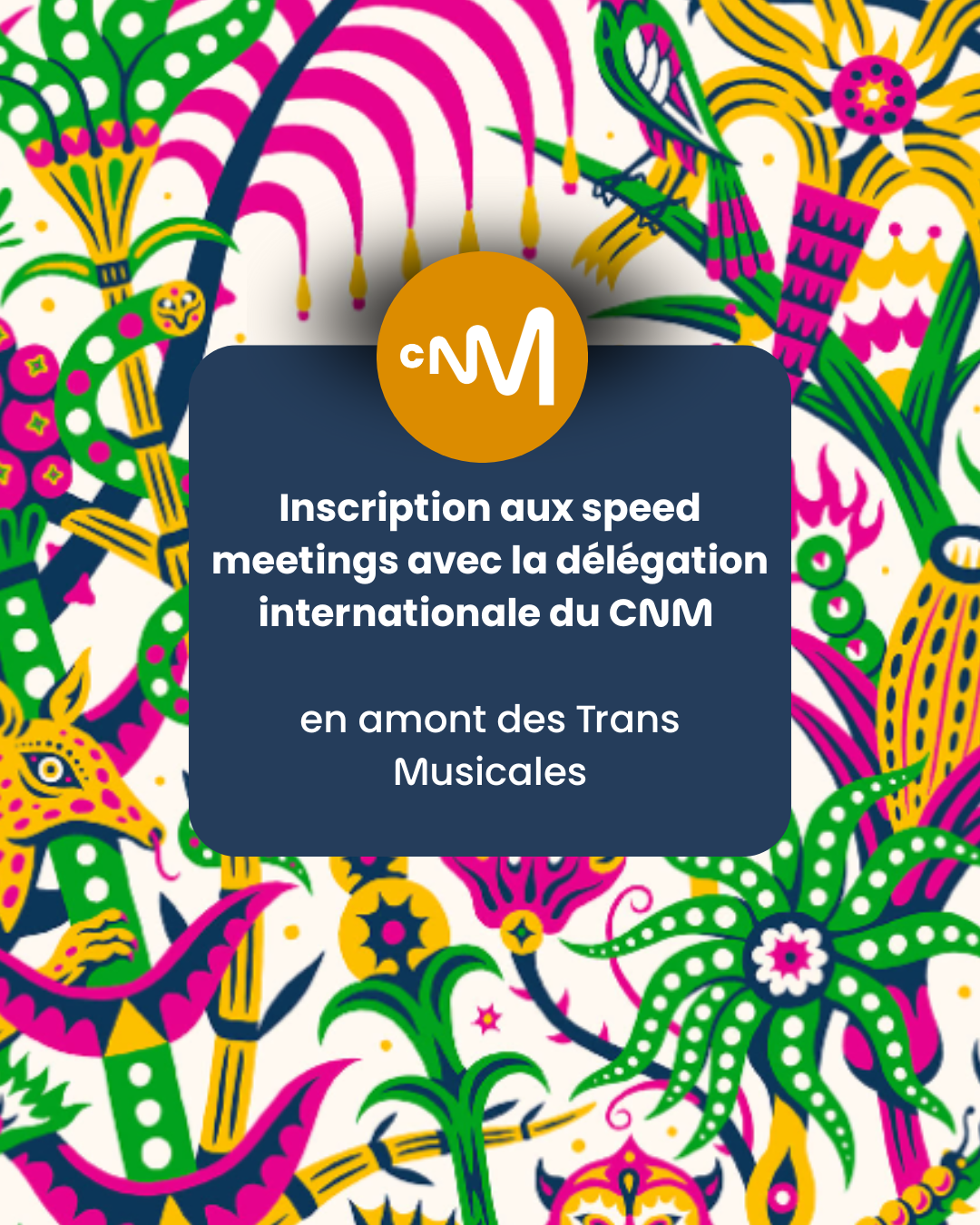 Visuel jaune, vert et rose aux motifs de foret tropicale. Inscrit au centre : Inscription aux speed meetings avec la délégation internationale du CNM, en amont des trans musicales.