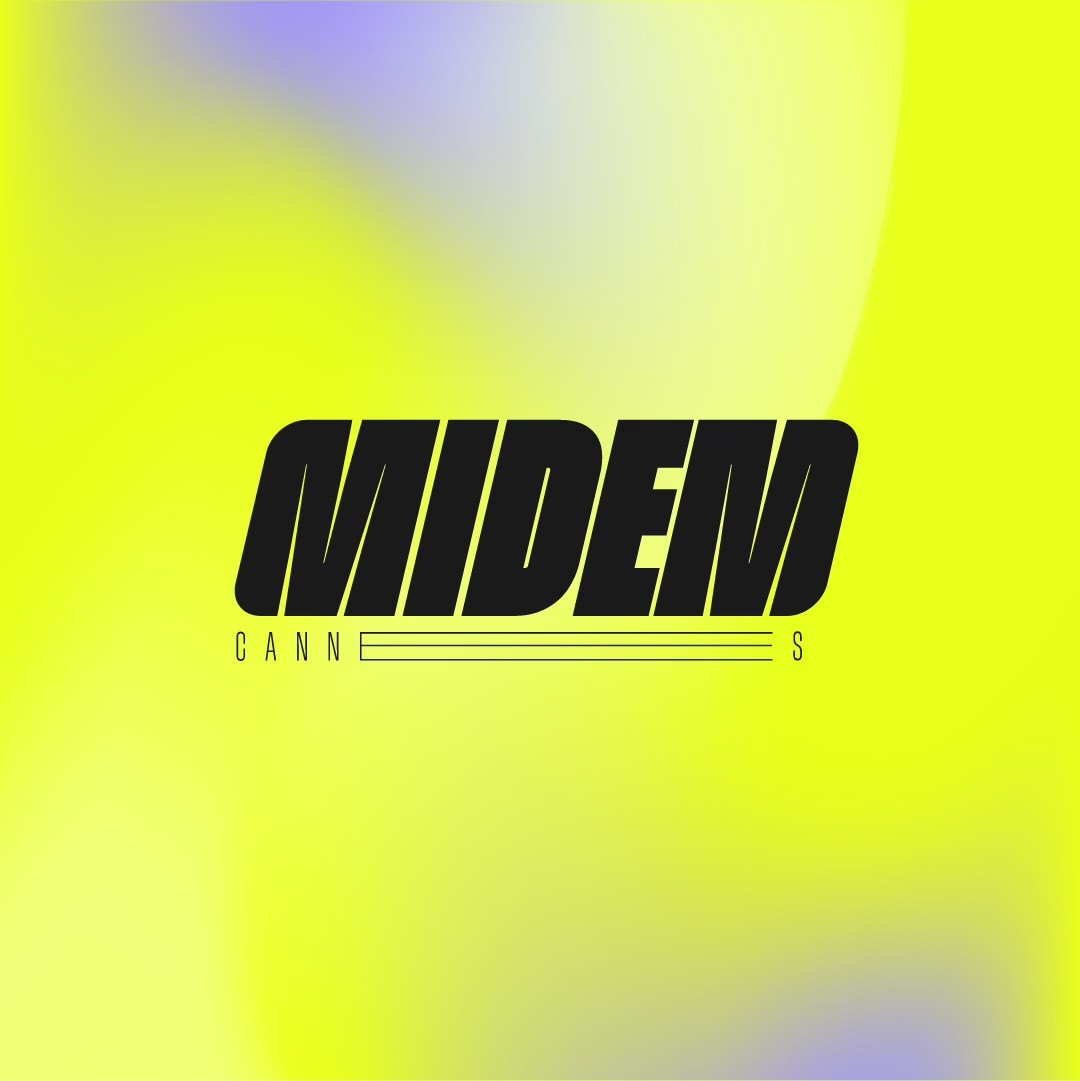 Logo du MIDEM sur un fond jaune fluo et mauve.